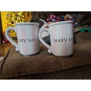 MARY KAY 2 Pink & White Striped Coffee Tea Mug Gold Lettering Stripes Logo Cup